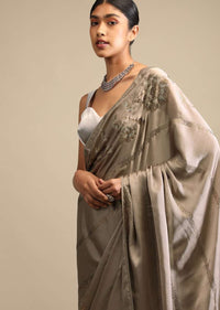 Taupe Saree In Satin With Kunan Embellished Stripes And Unstitched Blouse Online - Kalki Fashion