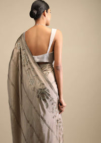 Taupe Saree In Satin With Kunan Embellished Stripes And Unstitched Blouse Online - Kalki Fashion