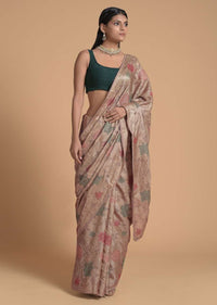 Taupe Saree In Tussar Silk With Colorful Thread Embroidered Floral Jaal Design Online - Kalki Fashion