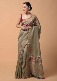 Taupe Saree In Tussar Silk With Hand Embroidered Floral Motifs Using Colorful Thread And Sequins Online - Kalki Fashion