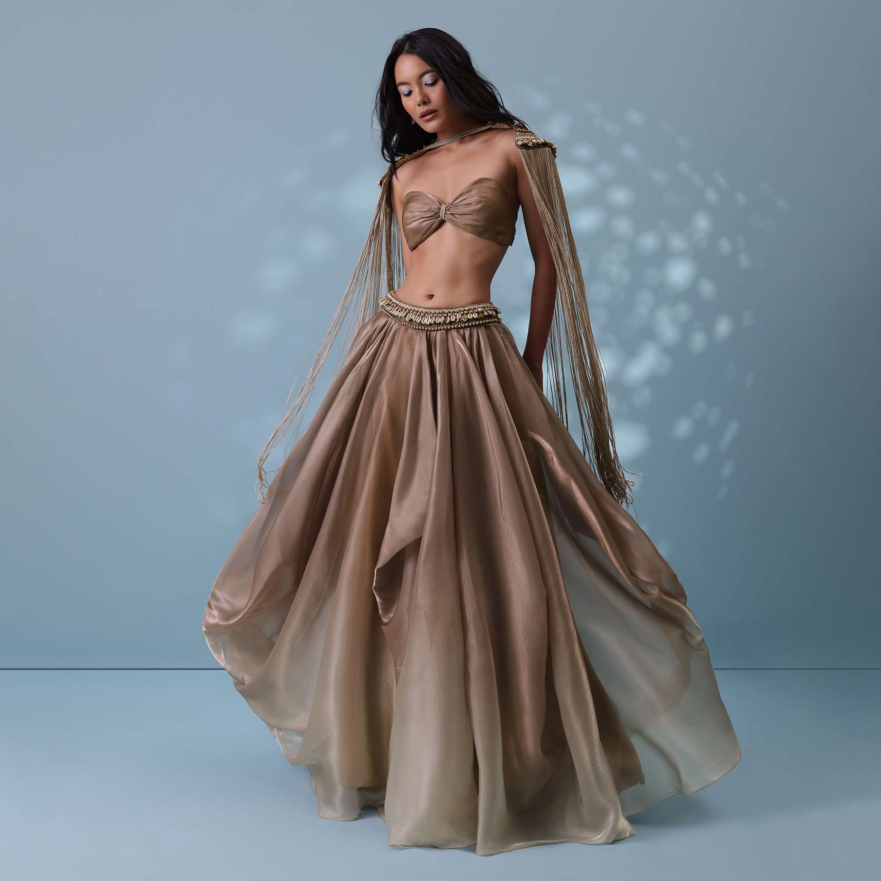 Taupe Brown Embroidered Cowl Lehenga And Cape Blouse In Shimmer Organza