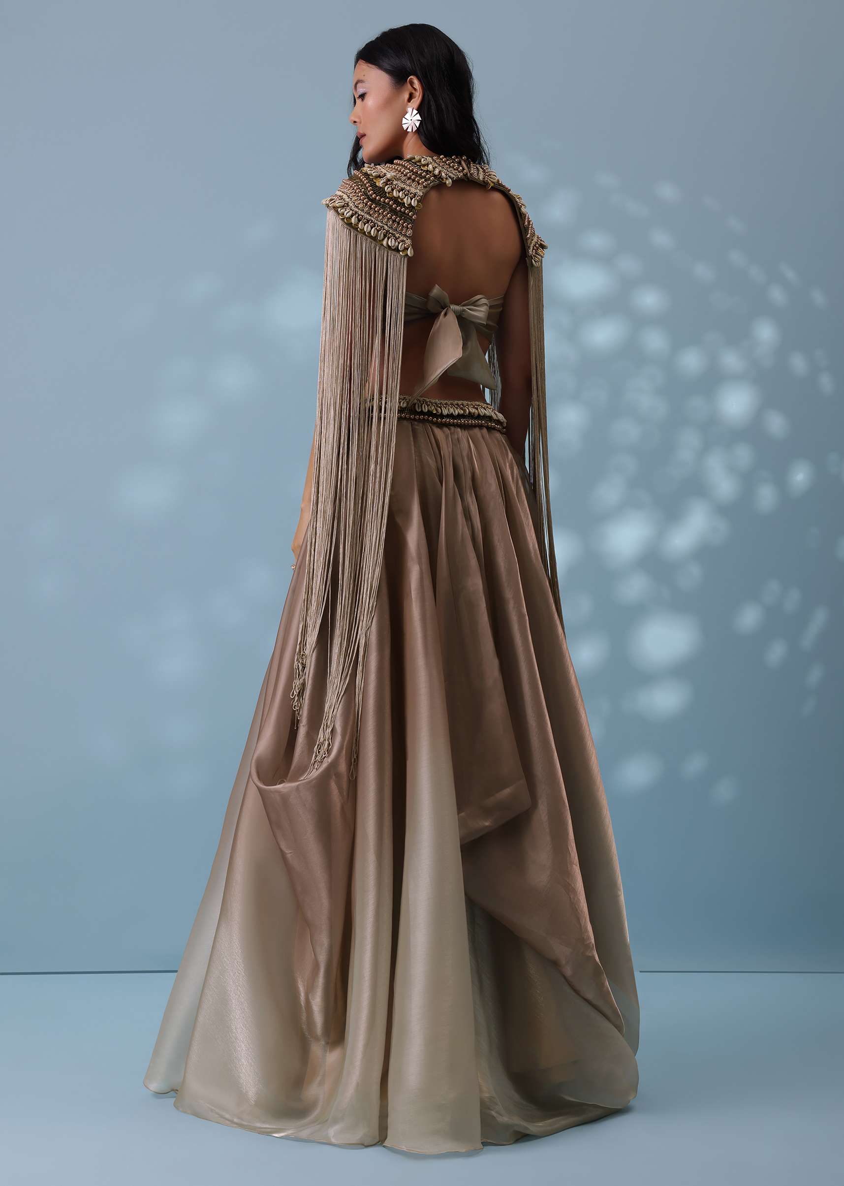 Taupe Brown Embroidered Cowl Lehenga And Cape Blouse In Shimmer Organza
