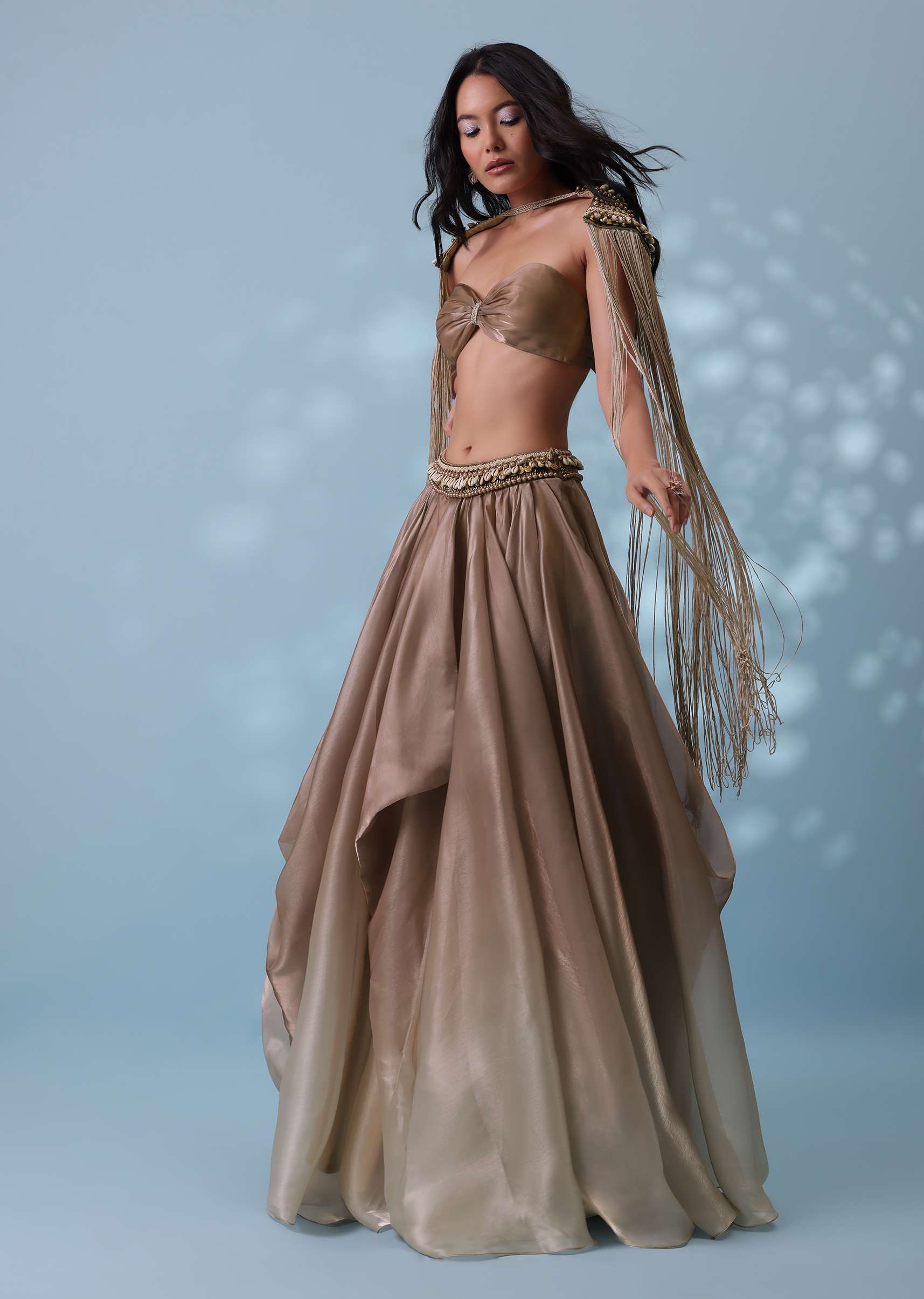 Taupe Brown Embroidered Cowl Lehenga And Cape Blouse In Shimmer Organza
