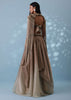 Taupe Brown Embroidered Cowl Lehenga And Cape Blouse In Shimmer Organza