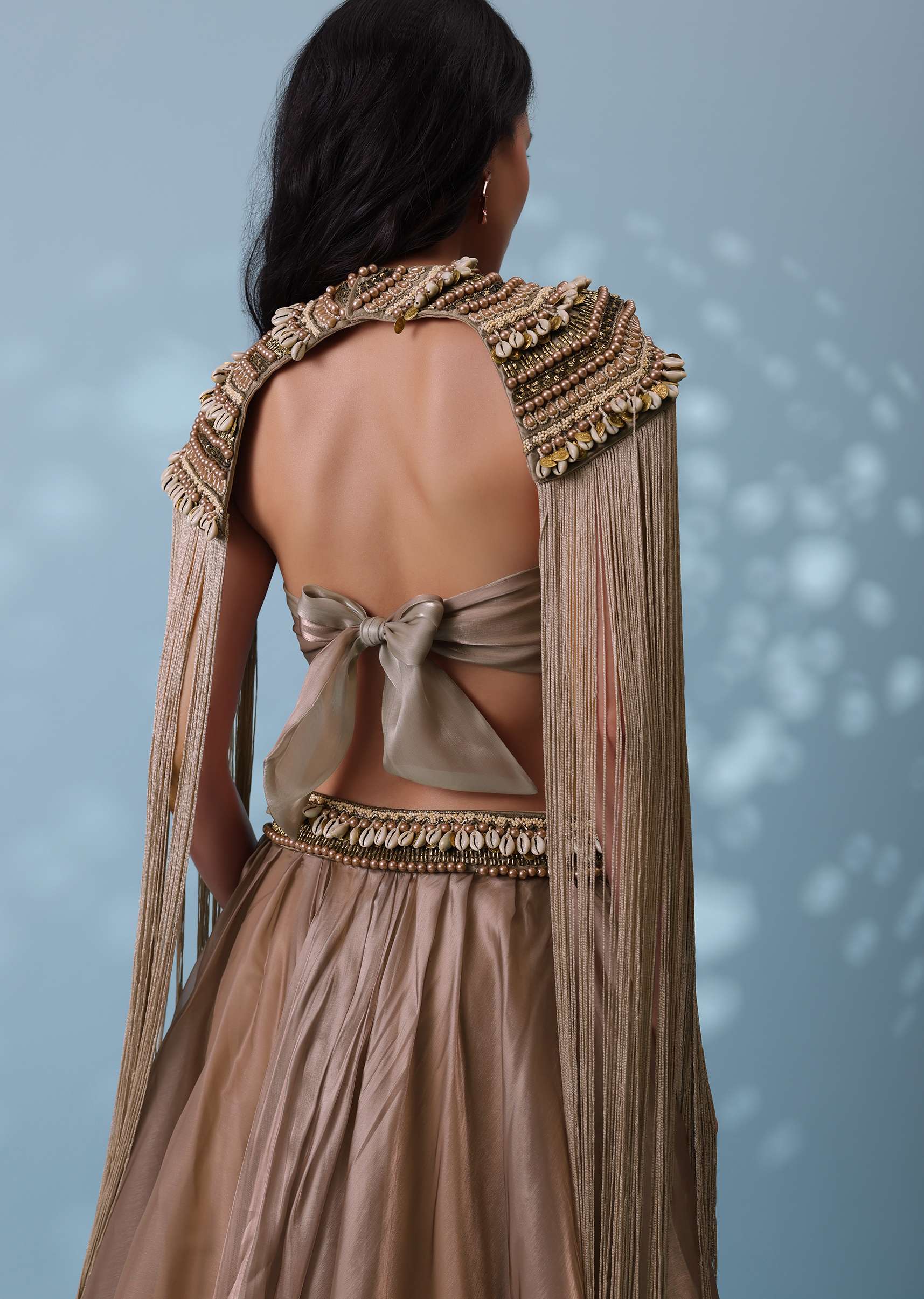 Taupe Brown Embroidered Cowl Lehenga And Cape Blouse In Shimmer Organza