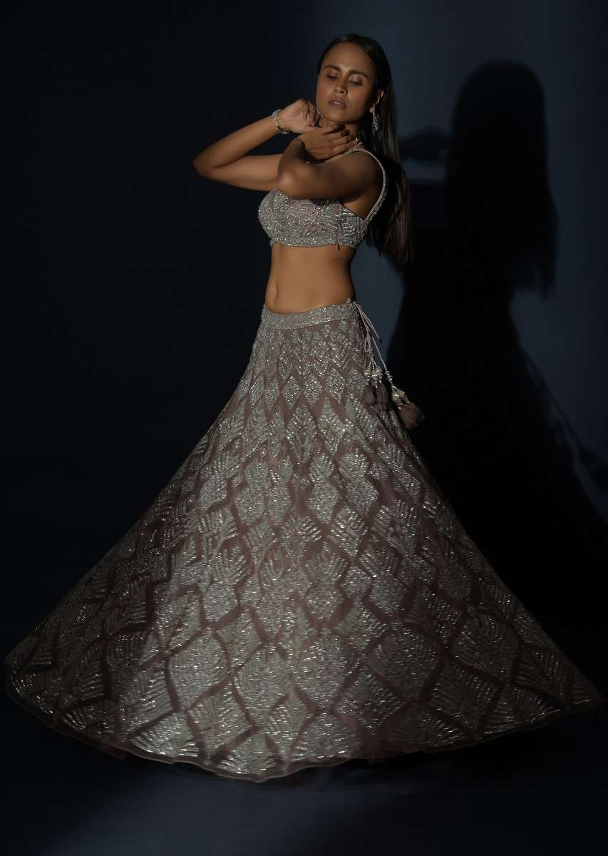 Taupe Grey Lehenga Choli In Net Elaborately Hand Embellished With Cut Dana Work In Geometric Pattern