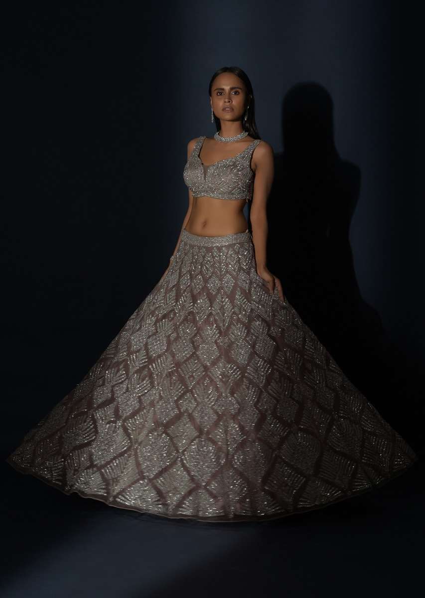 Taupe Grey Lehenga Choli In Net Elaborately Hand Embellished With Cut Dana Work In Geometric Pattern