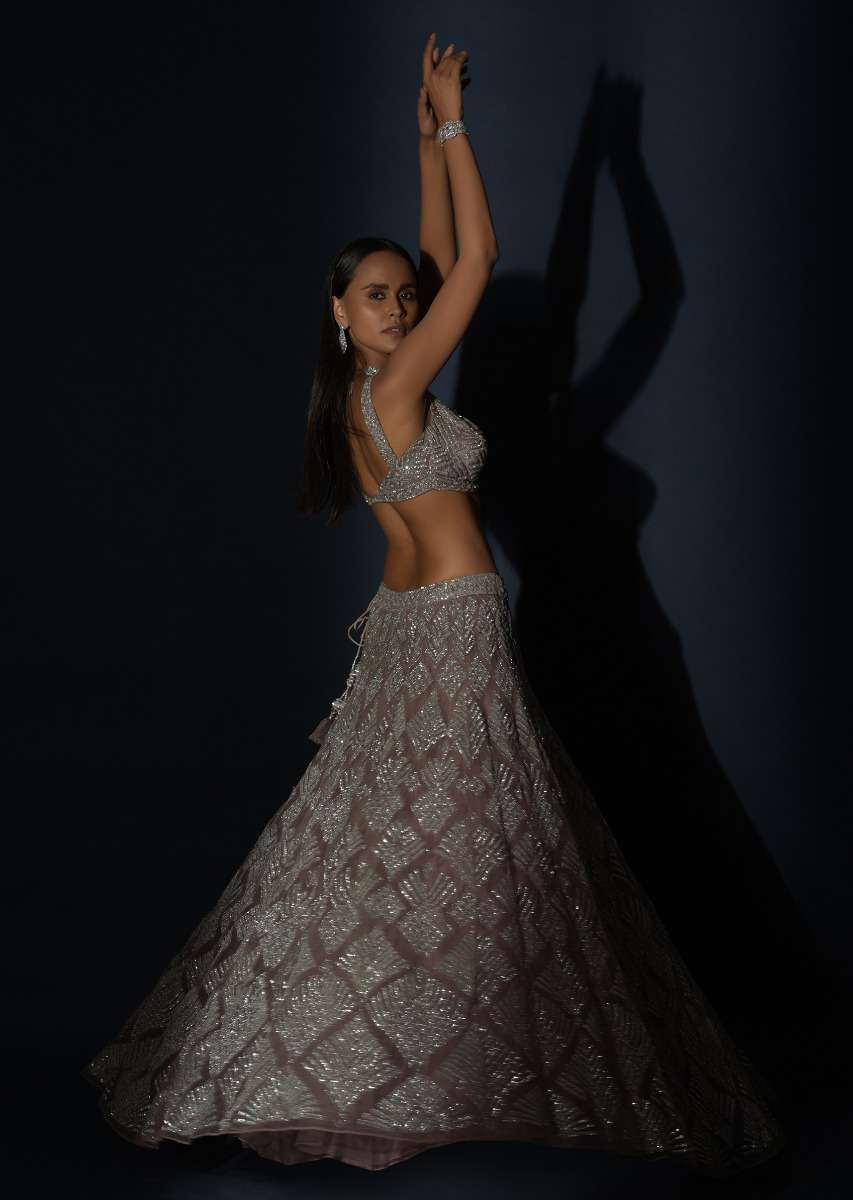 Taupe Grey Lehenga Choli In Net Elaborately Hand Embellished With Cut Dana Work In Geometric Pattern