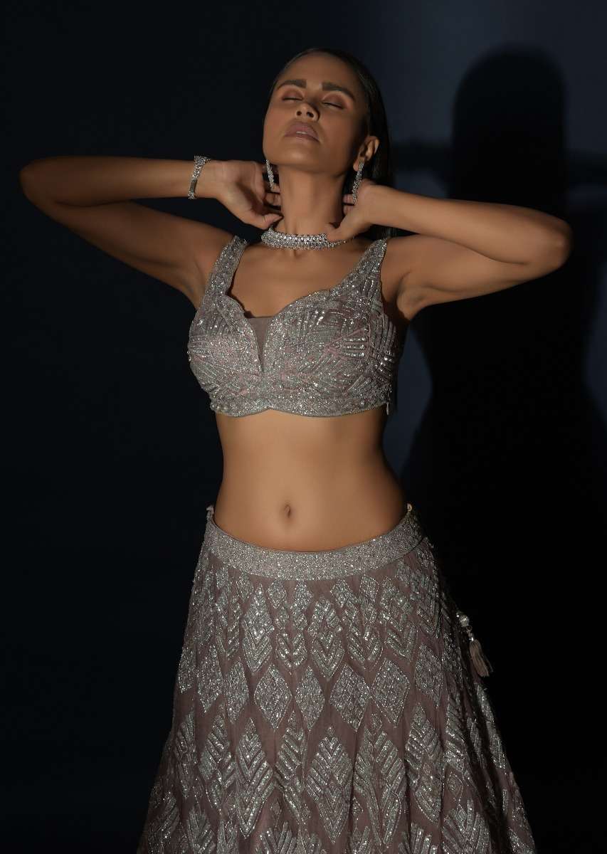 Taupe Grey Lehenga Choli In Net Elaborately Hand Embellished With Cut Dana Work In Geometric Pattern