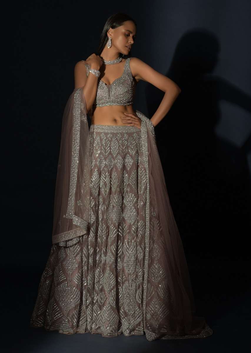 Taupe Grey Lehenga Choli In Net Elaborately Hand Embellished With Cut Dana Work In Geometric Pattern