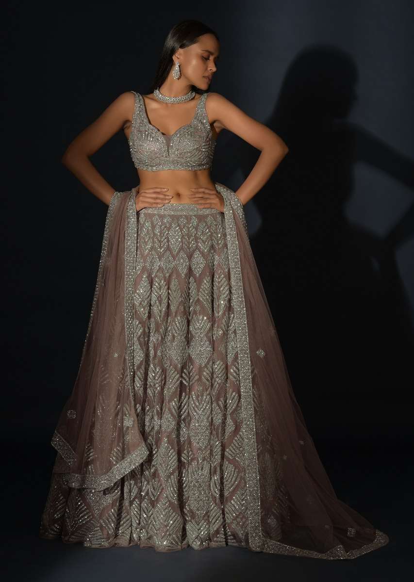 Taupe Grey Lehenga Choli In Net Elaborately Hand Embellished With Cut Dana Work In Geometric Pattern