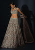 Taupe Grey Lehenga Choli In Net Elaborately Hand Embellished With Cut Dana Work In Geometric Pattern