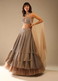 Taupe Layered Sequins Lehenga With Net Frill On The Hem And Cut Dana Embroidered Choli And Choker Dupatta