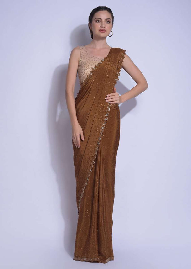 Tawny Brown Saree In Chiffon With Cut Dana And Kundan Work Online - Kalki Fashion