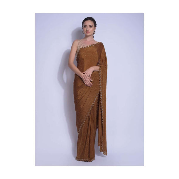 Tawny Brown Saree In Chiffon With Cut Dana And Kundan Work Online - Kalki Fashion