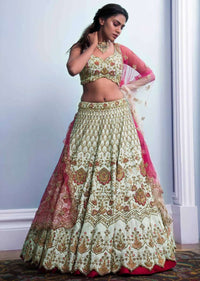 Tea Green Lehenga And Blouse In In Raw Silk And Pink Ombre Net Dupatta With Floral Embroidery Online - Kalki Fashion