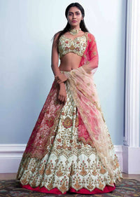 Tea Green Lehenga And Blouse In In Raw Silk And Pink Ombre Net Dupatta With Floral Embroidery Online - Kalki Fashion