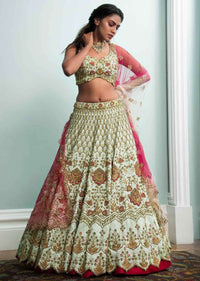 Tea Green Lehenga And Blouse In In Raw Silk And Pink Ombre Net Dupatta With Floral Embroidery Online - Kalki Fashion