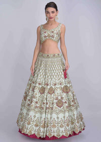 Tea Green Lehenga And Blouse In In Raw Silk And Pink Ombre Net Dupatta With Floral Embroidery Online - Kalki Fashion