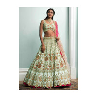 Tea Green Lehenga And Blouse In In Raw Silk And Pink Ombre Net Dupatta With Floral Embroidery Online - Kalki Fashion