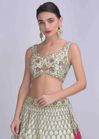 Tea Green Lehenga And Blouse In In Raw Silk And Pink Ombre Net Dupatta With Floral Embroidery Online - Kalki Fashion