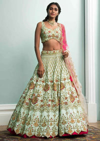 Tea Green Lehenga And Blouse In In Raw Silk And Pink Ombre Net Dupatta With Floral Embroidery Online - Kalki Fashion