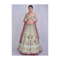 Tea Green Lehenga And Blouse In In Raw Silk And Pink Ombre Net Dupatta With Floral Embroidery Online - Kalki Fashion