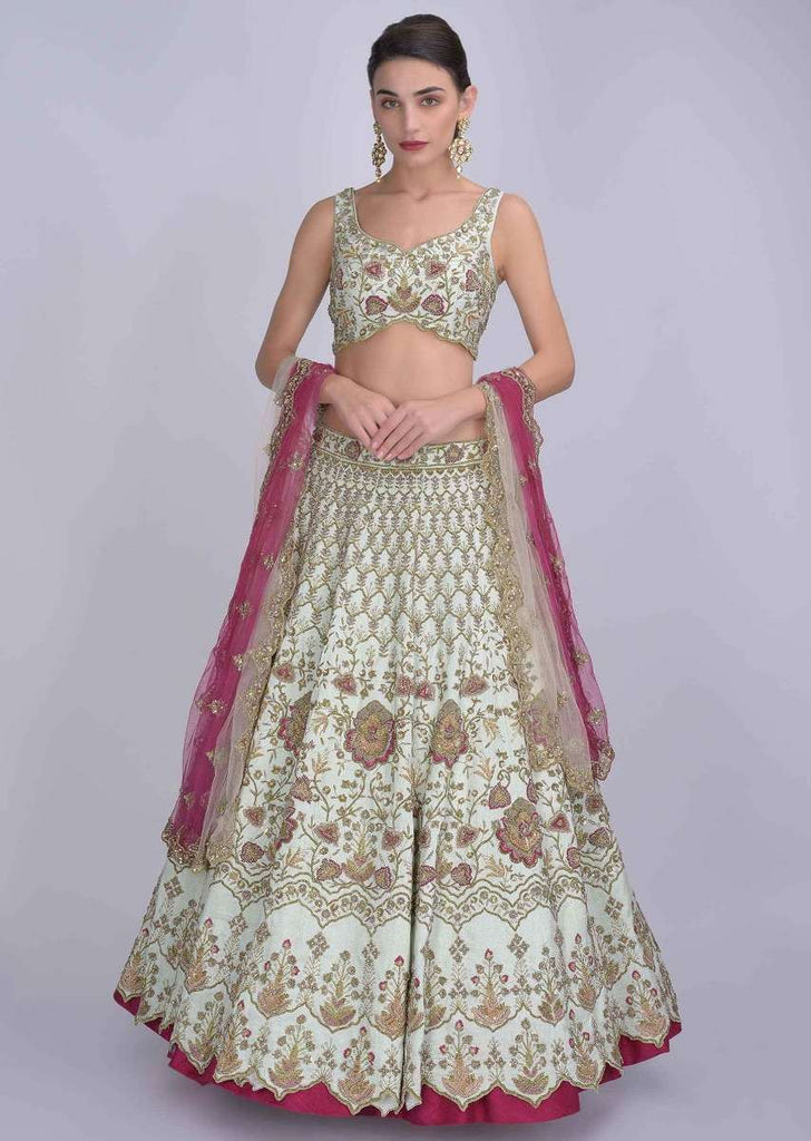 Tea Green Lehenga And Blouse In In Raw Silk And Pink Ombre Net Dupatta With Floral Embroidery Online - Kalki Fashion