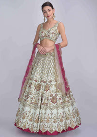 Tea Green Lehenga And Blouse In In Raw Silk And Pink Ombre Net Dupatta With Floral Embroidery Online - Kalki Fashion