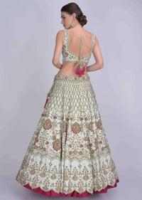 Tea Green Lehenga And Blouse In In Raw Silk And Pink Ombre Net Dupatta With Floral Embroidery Online - Kalki Fashion