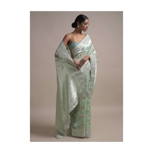 Tea Green Saree In Organza With Weaved Floral Jaal And Gotta Embroidered Border Online - Kalki Fashion