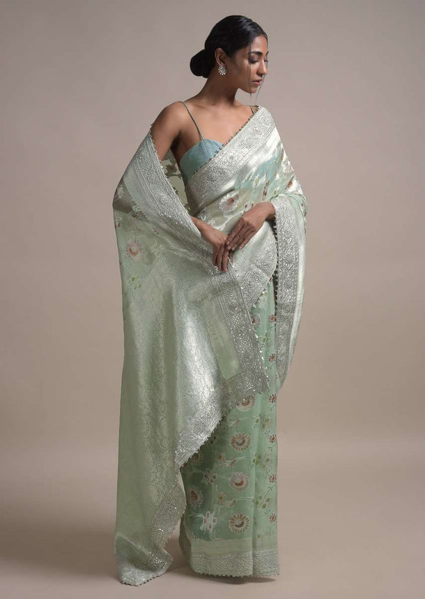 Tea Green Saree In Organza With Weaved Floral Jaal And Gotta Embroidered Border Online - Kalki Fashion