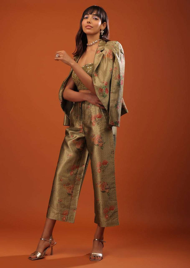 Moss Green Three-Piece Suit In Woven Floral Motifs With Cropped Pants And Sequin Bustier