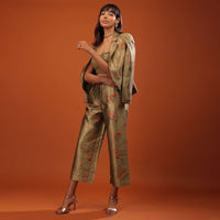 Moss Green Three-Piece Suit In Woven Floral Motifs With Cropped Pants And Sequin Bustier