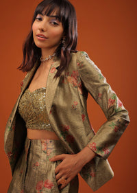 Moss Green Three-Piece Suit In Woven Floral Motifs With Cropped Pants And Sequin Bustier