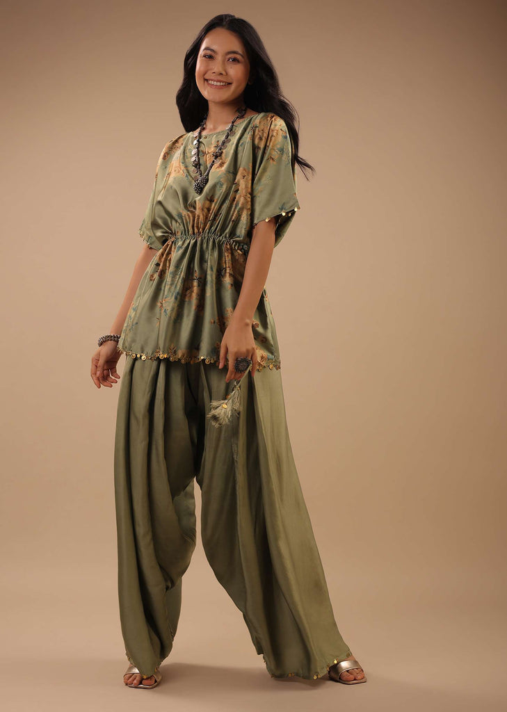 Tea Green Satin Peplum Top And Dhoti Pants With A Floral Print