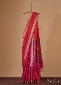 Teaberry Pink Handloom Saree In Album Silk With South Paithani Pallu And Unstitched Blouse