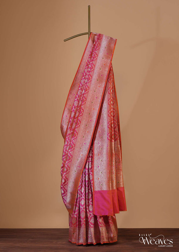 Hot Pink Handloom Saree In Uppada Silk With Meenakari Jaal-Zari Work And Unstitched Blouse