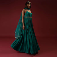 Teal Anarkali Suit In Georgette With Multi Colored Sequins Embroidered Floral Buttis And Cut Dana Embellished Waistline