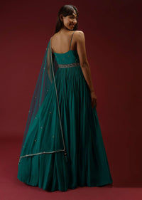 Teal Anarkali Suit In Georgette With Multi Colored Sequins Embroidered Floral Buttis And Cut Dana Embellished Waistline