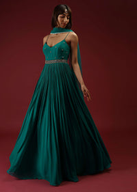 Teal Anarkali Suit In Georgette With Multi Colored Sequins Embroidered Floral Buttis And Cut Dana Embellished Waistline