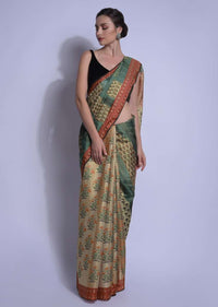 Teal And Beige Half And Half Saree In Silk With Digital Print Online - Kalki Fashion