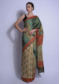 Teal And Beige Half And Half Saree In Silk With Digital Print Online - Kalki Fashion