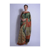 Teal And Beige Half And Half Saree In Silk With Digital Print Online - Kalki Fashion