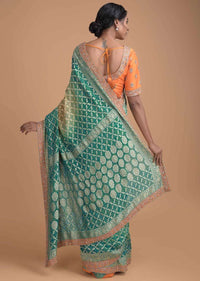 Teal Blue Bandhani Saree In Georgette With Weaved Checks Pattern Online - Kalki Fashion