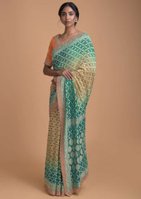 Teal Blue Bandhani Saree In Georgette With Weaved Checks Pattern Online - Kalki Fashion