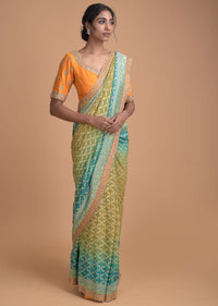 Teal Blue Bandhani Saree In Georgette With Weaved Checks Pattern Online - Kalki Fashion