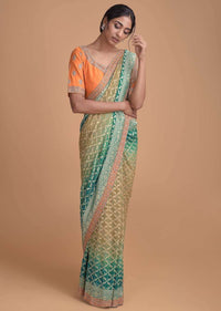 Teal Blue Bandhani Saree In Georgette With Weaved Checks Pattern Online - Kalki Fashion