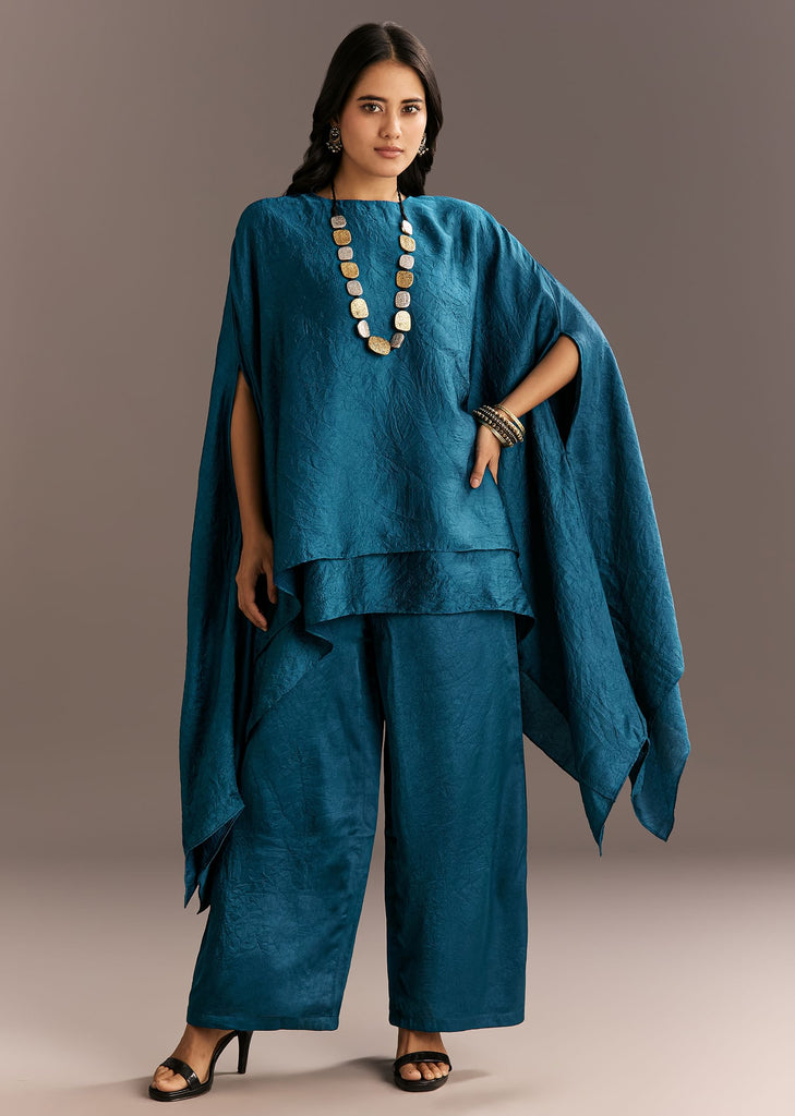 Teal Blue Crush Silk Kaftaan Set Styled With Stone Neckpiece