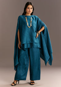 Teal Blue Crush Silk Kaftaan Set Styled With Stone Neckpiece
